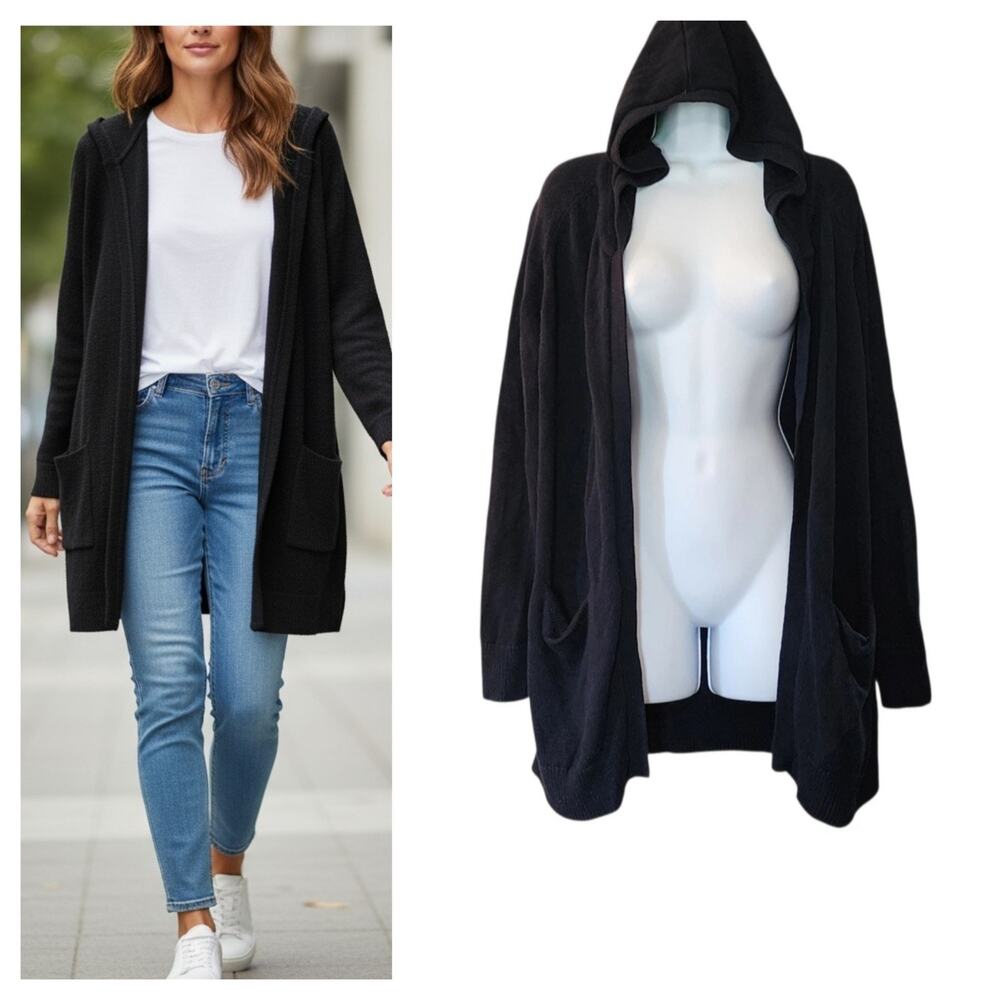 Cabi Womens Open Front Hooded Duster Sweater Size M Navy Blue Pockets Style 5275